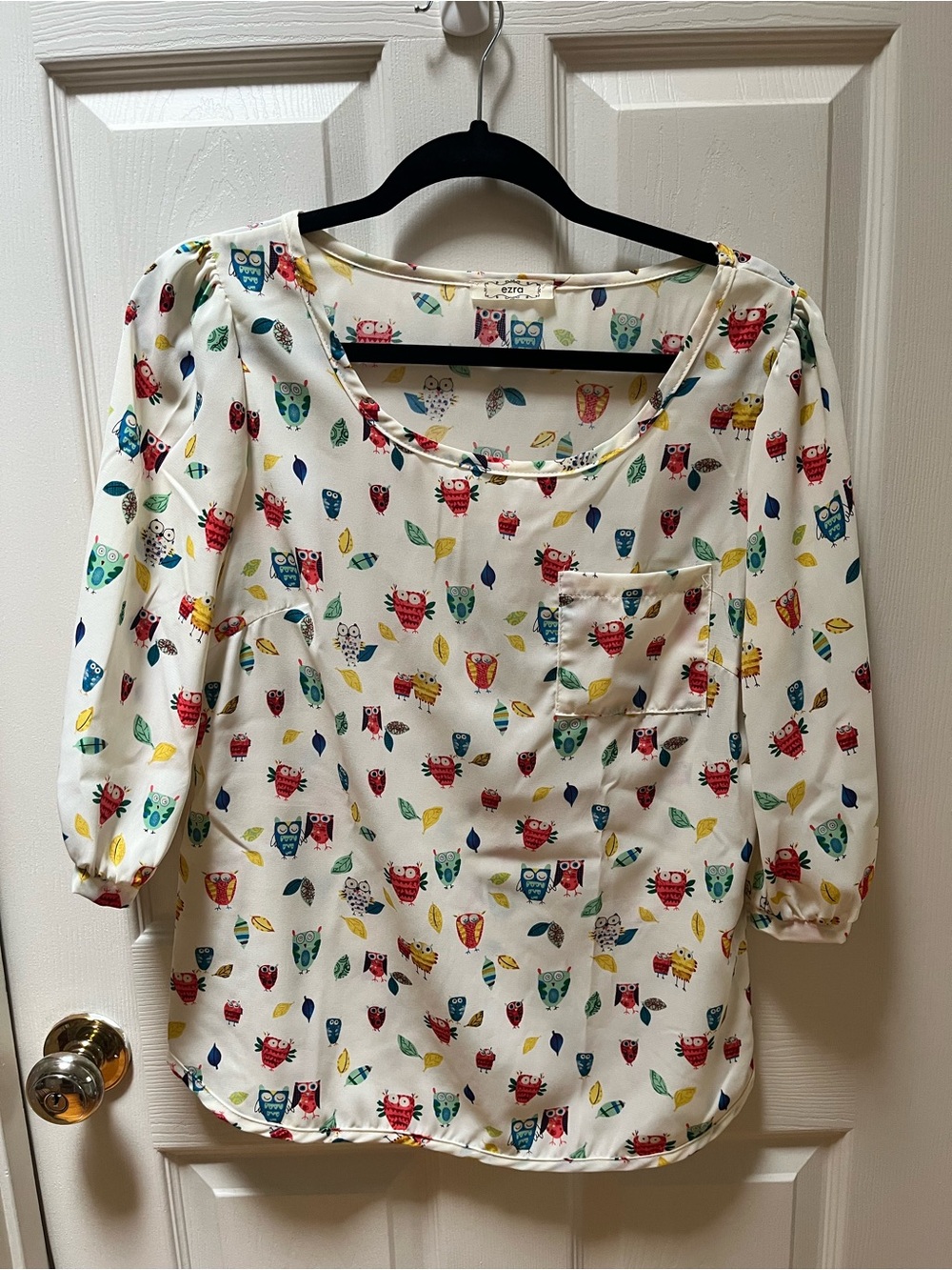 ezra Cream Owl Print Blouse with Pocket - Multicolor Owls
